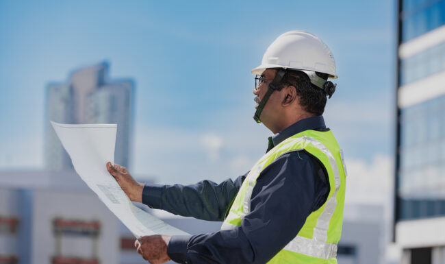 Construction worker wearing hard hat and high-visibility clothing.